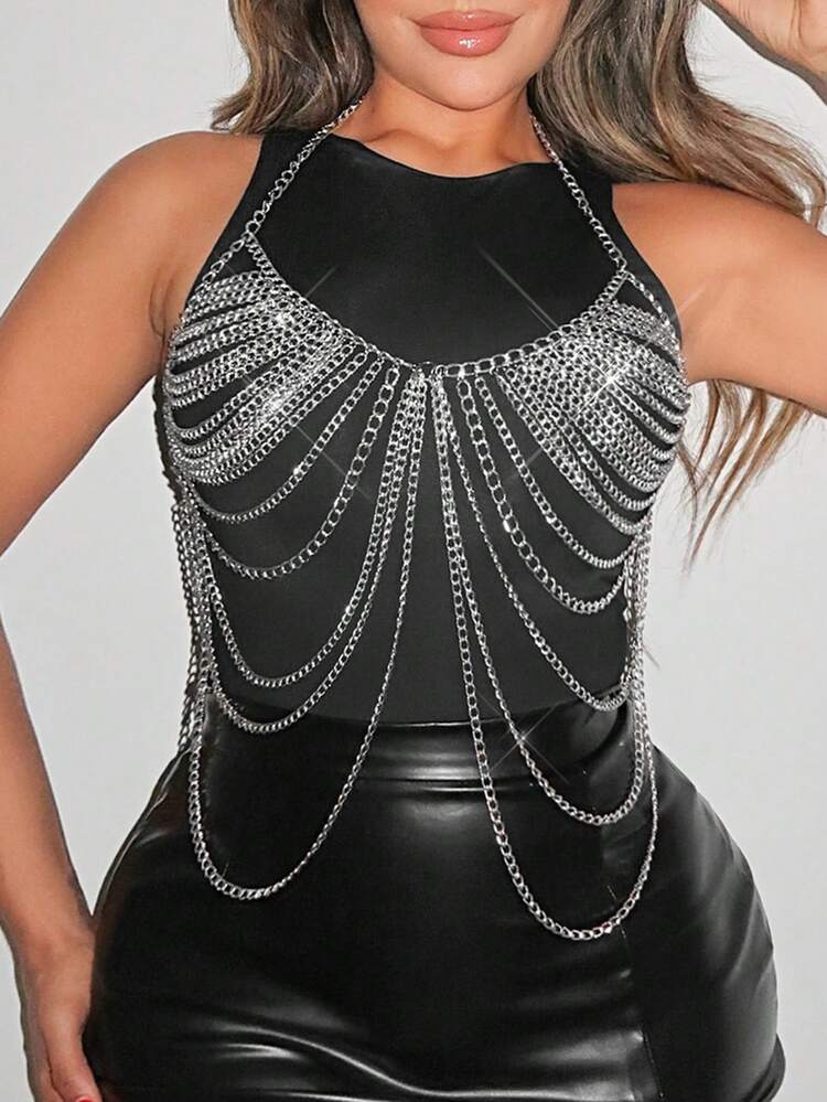 Valentines 1pc Gorgeous Lady Glamorous Backless Chain Tassel Hollow Sexy Hottie Nightclub Backless Halter Neck Adjustable Crop Top