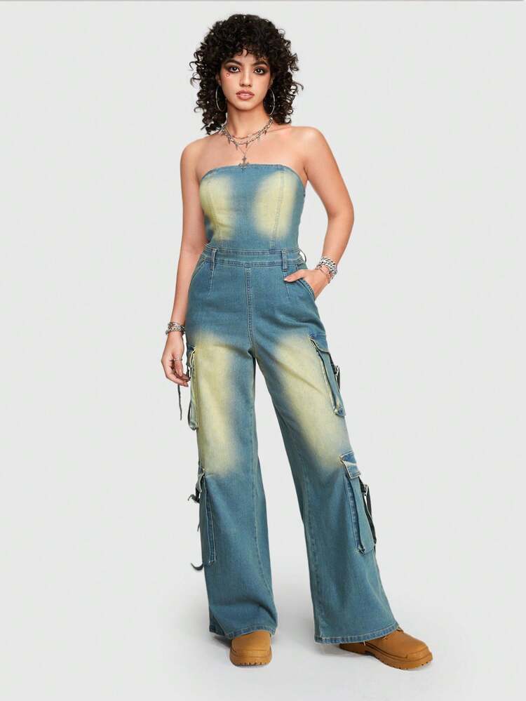 Women'S Color Block Strapless Jumpsuit With Workwear Style