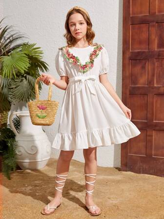 Vestido Casual Con Ribete De Volantes Y Encaje Floral Con Bordado Tejido Para Niña Tween