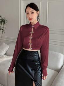 EastFlair Women'S Chinese Style Button Up Long Sleeve Shirt - Burgundy - View 3