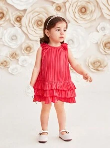 SHEIN Baby Girls' Sweet And Casual Sleeveless Floral 3d Detail Dress With Pleated And Ruffle Hem
