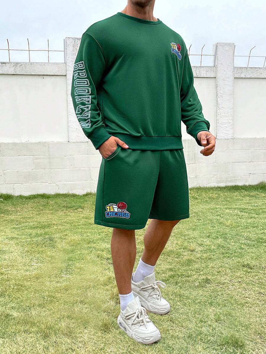 Manfinity Homme 男士大尺碼字母印花寬鬆運動衫和短褲套裝,帶斜口袋 - 墨綠色 - 查看 1