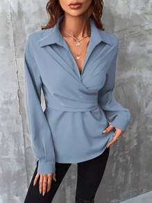 SHEIN Clasi Solid Color Wrap Back Tie Front Shirt - Dusty Blue - View 5