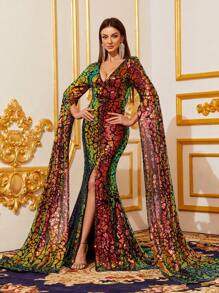 Plunging Neck Extra-Long Sleeve Sequin Formal Dress - Black - View 5