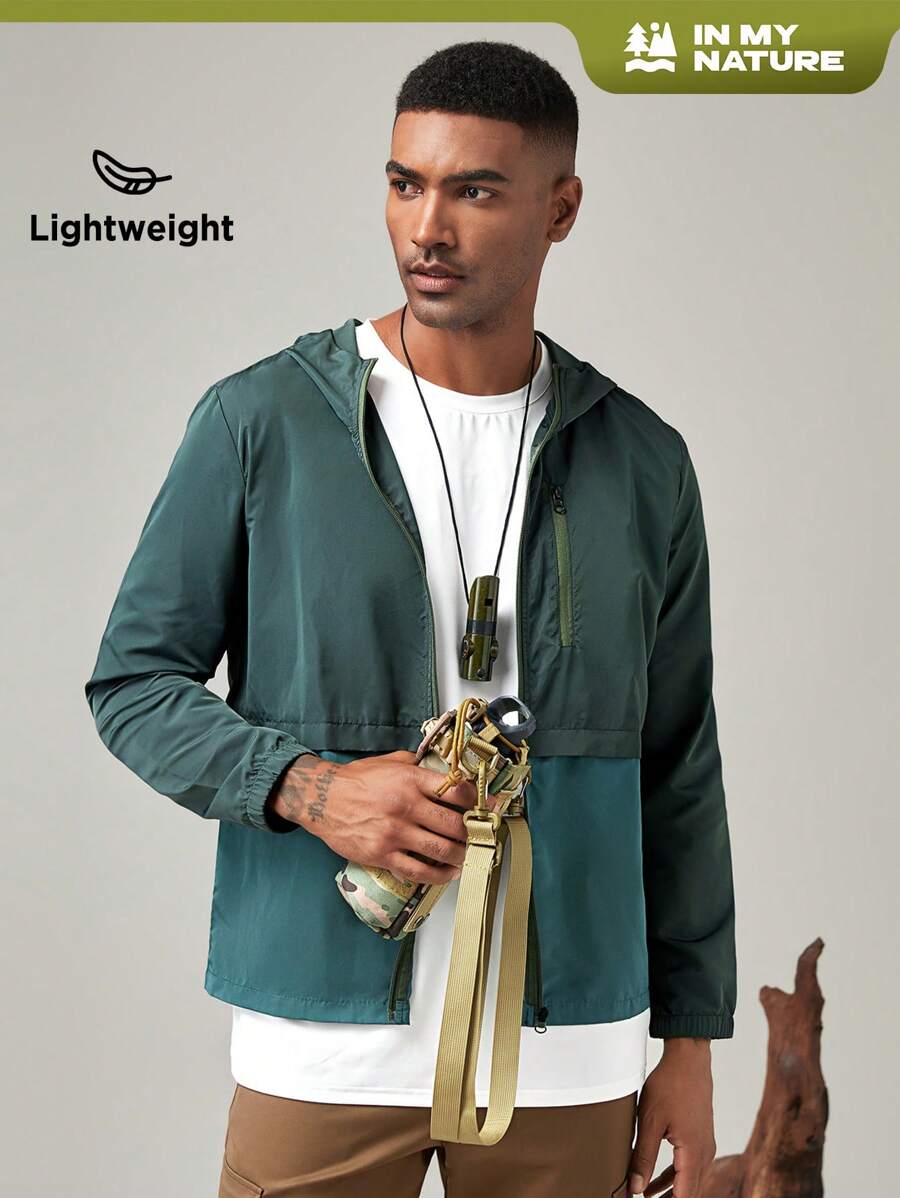 SHEIN In My Nature Men's Colorblock Zip-Up Hooded Sun Protection Jacket Workout Tops - Green - View 1