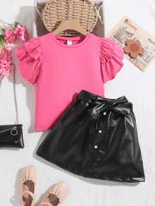 SHEIN Tween Girls' Ruffled Sleeve Round Neck Top And Pu Leather Mini Skirt 2pcs/Set - Red - View 3