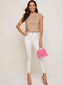 SHEIN Clasi Solid Color Pleated Hollow Out Patchwork Shirt - Camel - View 4