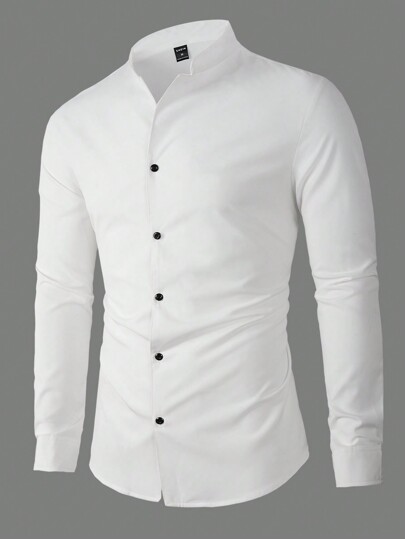 Manfinity Mode Camisa de manga larga de unicolor para hombre, camisa casual abotonada completamente blanca, para el otoño