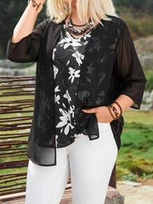 EMERY ROSE 大尺碼花卉印花拼接2合1襯衫 - 黑色 - 查看 3