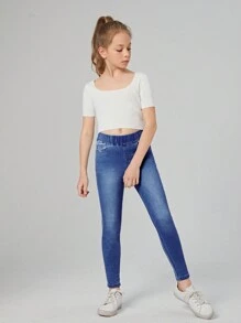 SHEIN Tween Girl Elastic Waist Jeans - Medium Wash - View 3