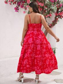 SHEIN VCAY 大尺碼女裝花卉印花細肩長裙,腰部收攏,褶邊裝飾,適合夏季 - 彩色 - 查看 4