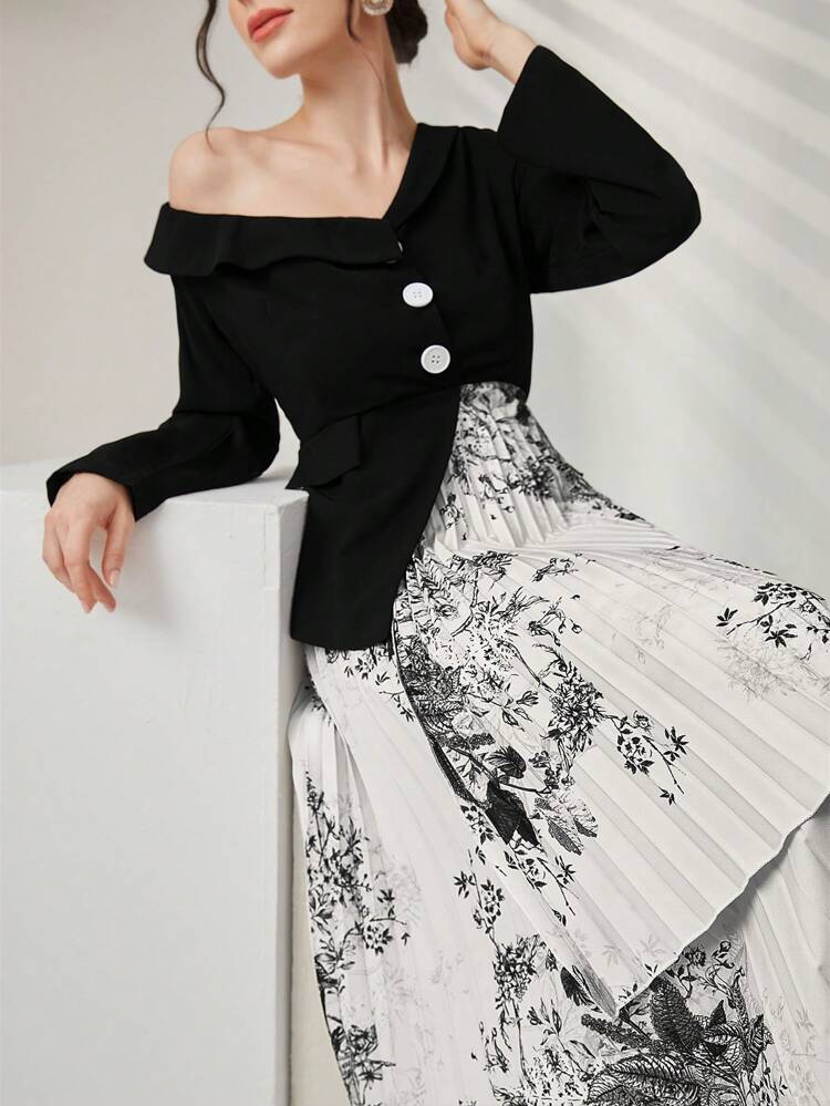 Women'S Plant Printed Pleated Dress Long Evening Dresses Fall Cloth For Women