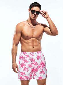 Surfspeed Men'S Coconut Tree Printed Drawstring Beach Shorts - Pink - View 4