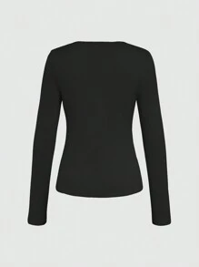 INAWLY Camiseta de manga larga casual de corte ajustado color negro, para primavera/otoño - Negro - Ver 2