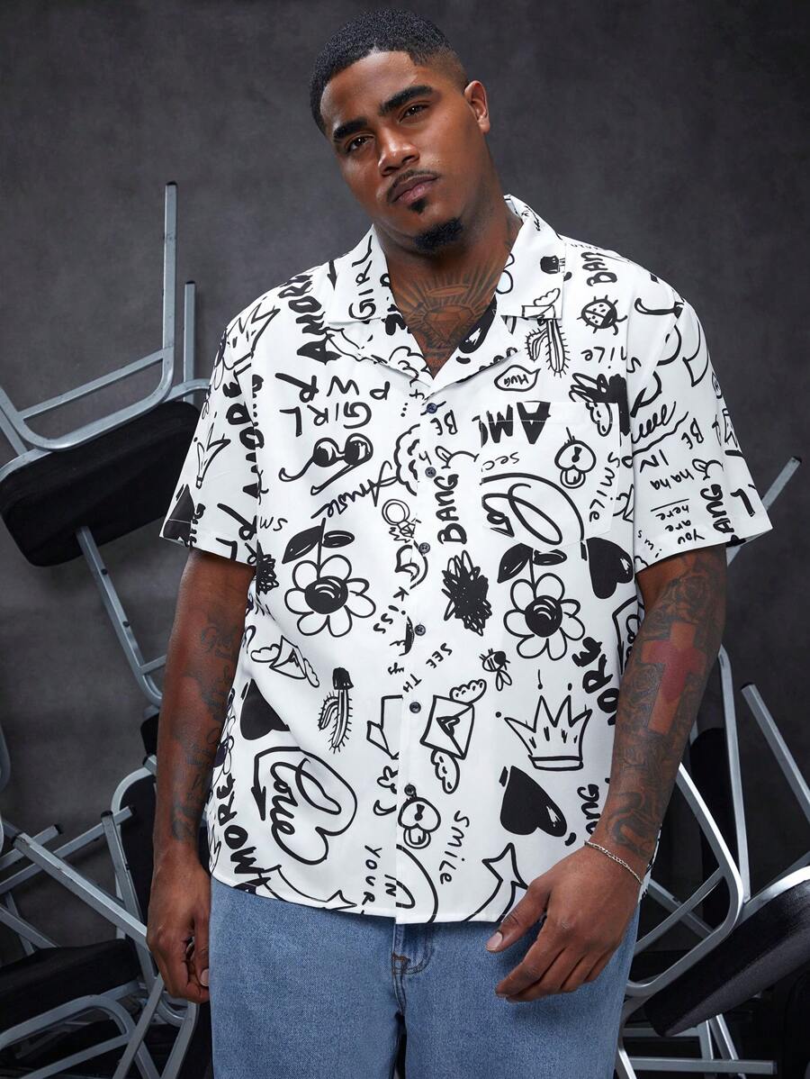 Manfinity Homme Camisa De Manga Corta Con Estampado De Dibujos Animados De Talla Grande Para Hombre - Multicolor - Ver 1