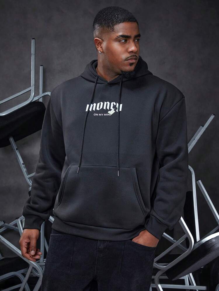 Men's Plus Size Hoodie With Angel Pattern And Slogan, Drop Shoulder