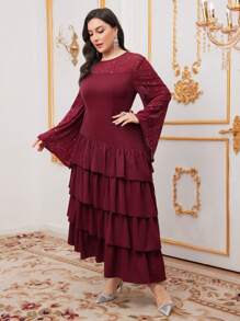 Modelyn Burgundy Red Plus Size Round Neck Multi-Layered Ruffle Hem Dress With Flounced Sleeves, Belt Not Included Long Evening Dresses - Burgundy - View 6