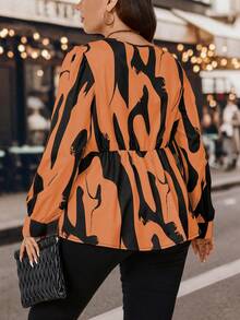 Calvaya 大尺碼女士紋理印花扭結前扣衫,配腰帶 - 橘色 - 查看 2