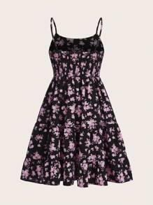 SHEIN Tween Girls' Woven Floral Print Holiday Cami Dress - Black - View 2