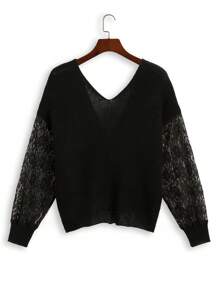 SHEIN Unity Plus Size Women's Lace Patchwork Twist Knit Sweater, Pullover Knit Pullover Fall Winter - Black - View 2