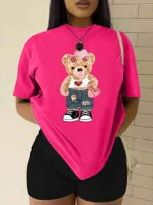 SHEIN Camiseta de mujer con cuello redondo y estampado de osos, camiseta gráfica para mujer, tops de camisetas gráficas para mujeres - Rosa Fucsia - Ver 1