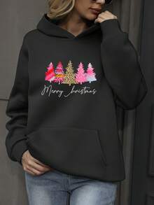 Sudadera con estampado de lema de árbol de Navidad talla grande - Negro - View 1