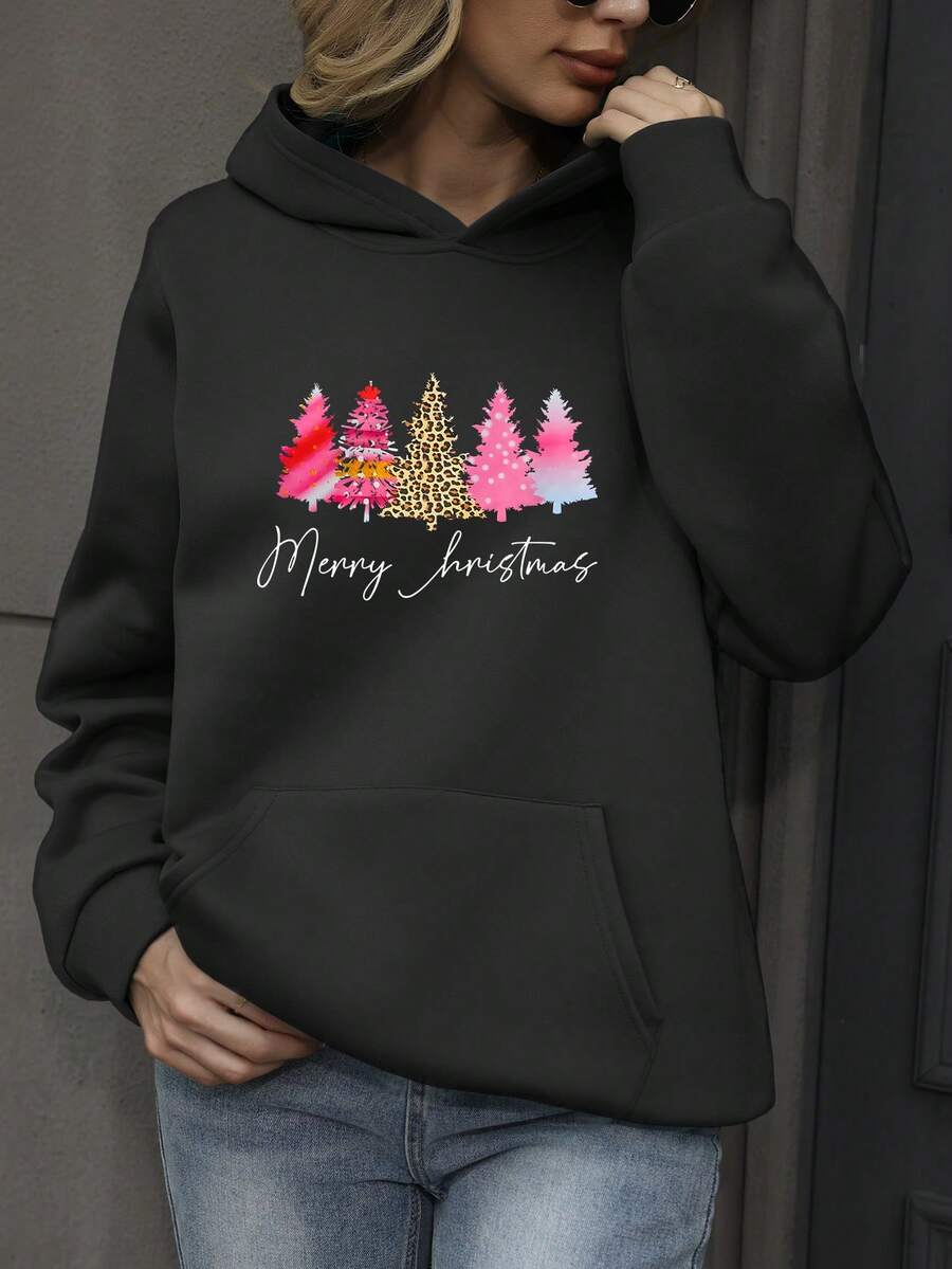 Sudadera con estampado de lema de árbol de Navidad talla grande - Negro - View 1