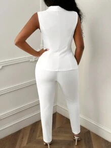 Slaydiva Bộ đồ công sở hai mảnh màu trơn thanh lịch gồm áo tank top không tay cài cúc đôi và quần dài. - trắng - Xem 2