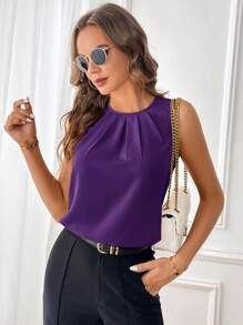 SHEIN Clasi Áo cánh xếp ly không tay màu trơn cho nữ, áo không tay - Màu tím - Xem 5
