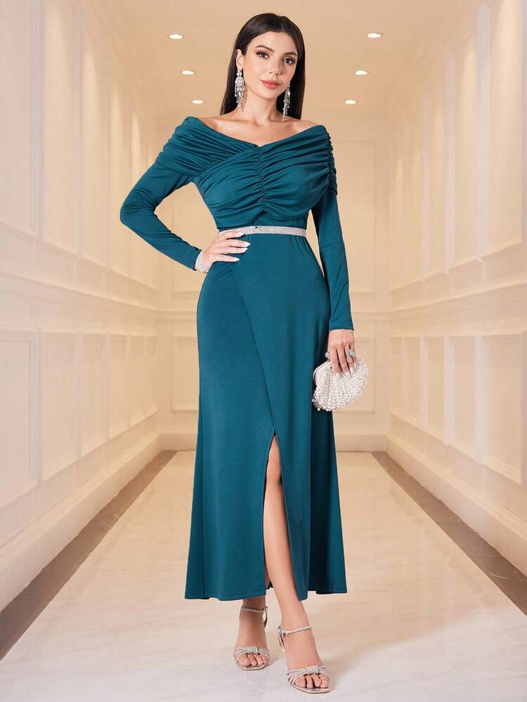 Pleated Detail Long Sleeve Dress Without Waist Belt Long Evening Dresses