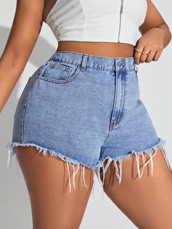 SHEIN SXY Pantalones Cortos De Mezclilla De Talla Grande Sin Elasticidad Con Dobladillo Deshilachado