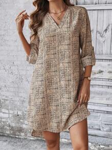 SHEIN LUNE Women's V-neck High Low Dress - Apricot - View 1