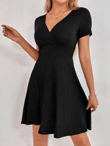 Vestido De Punto Acanalado De Color Sólido - Negro - Ver 3