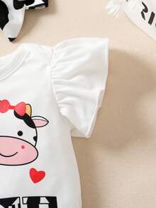 3pcs/Set Lovely Baby Girls' Letter & Cartoon Cow Pattern Printed Flounce Sleeve Jumpsuit And Front Bowknot Cow Pattern Printed Sports Shorts With Headband - Multicolor - View 3
