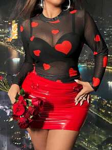 Flirla 大尺碼透明網眼愛心圖案長袖上衣 - 黑色 - 查看 1