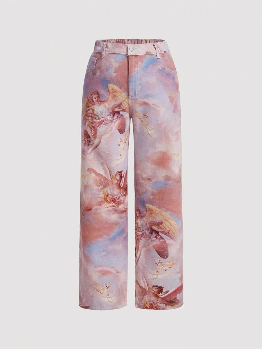 SHEIN MOD Quần Jeans ống đứng rộng rãi dễ thương in họa tiết sơn dầu ngày lễ tình nhân cỡ lớn cho nữ - Nhiều màu - Xem 1