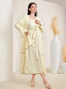 Al Najma Women'S Contrast Color Border Long Sleeve Dress Two Piece Set - Yellow - View 3