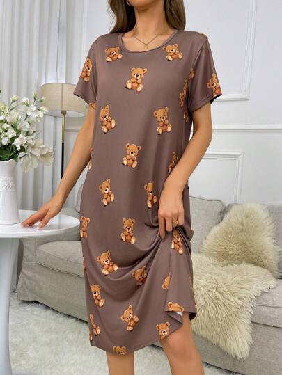 Bear Print Short Sleeve Pajama Night Dress Moo view 5