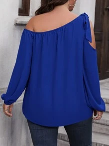 SHEIN LUNE 大碼不對稱領口蝴蝶結細節燈籠袖襯衫 - 藍色 - 查看 2