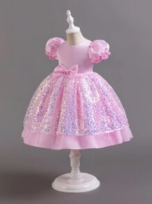 Vestido De Princesa Rosa Con Lazo De Brillo Y Manga Bombacha Para Niñas Jóvenes, Ideal Para Fiesta De Cumpleaños, Boda Y Espectáculo De Vacaciones - Rosa - Ver 3