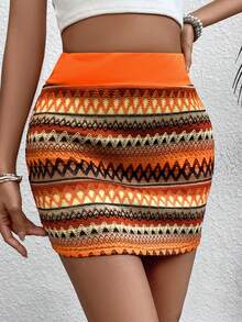 SHEIN VCAY Women's Color Block Weaved Belt Design Slim Fit Stripe Skirt - Multicolor - View 4