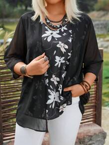 EMERY ROSE 大尺碼花卉印花拼接2合1襯衫 - 黑色 - 查看 4