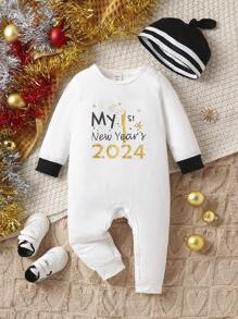 Baby Boys' Christmas Jumpsuit With Digital Printing And Hat, Suitable For Spring & Autumn