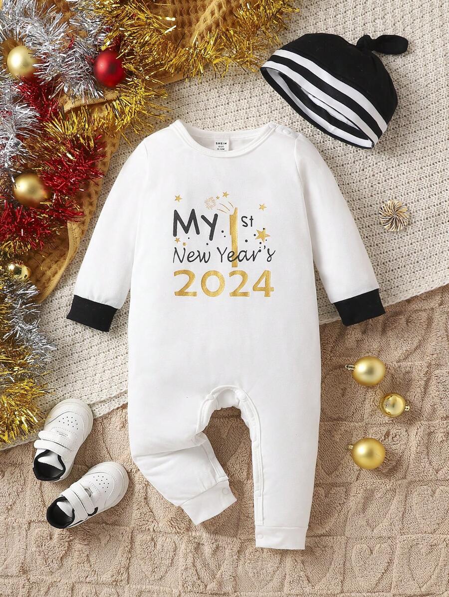 Baby Boys' Christmas Jumpsuit With Digital Printing And Hat, Suitable For Spring & Autumn