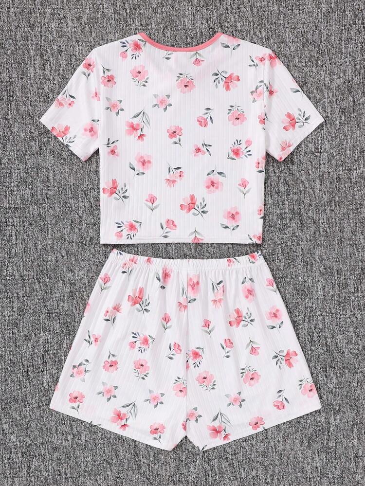 Teenage Girls' Knitted Striped Floral Bow Knot T-Shirt And Shorts Homewear Set