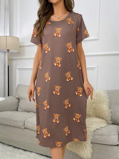 Bear Print Short Sleeve Pajama Night Dress Moo view 4