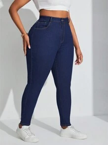 SHEIN SXY Kích thước lớn Quần jean ôm Đang hiển thị A Gầy Con số Và Nhỏ bé Đôi chân - Màu xanh lam - Xem 3