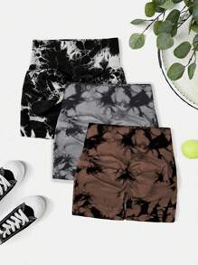 SHEIN Velisys 3 件套扎染运动短裤女士运动短裤、健身短裤、骑行短裤 - 彩色 - 查看 2