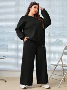 SHEIN EZwear 加大尺寸字母印花長袖運動衫和束口運動褲2件套裝 - 黑色 - 查看 5