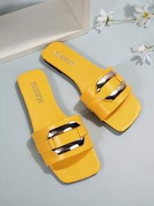 超大码美国尺码 5-9 夏季新款户外时尚休闲金属扣一脚蹬拖鞋女士日常穿着软底沙滩鞋紫色平底凉鞋适合夏季穿着舒适平底鞋 - 黃色 - 查看 8